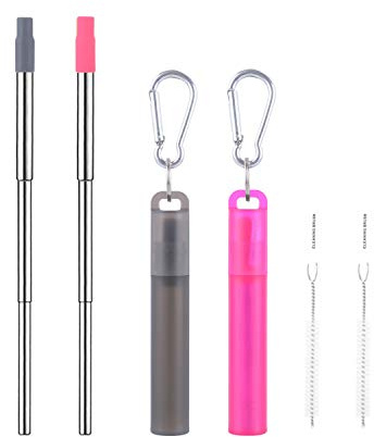 Wolfteeth 2 Pack Pajitas Metálicas Telescópicas Reutilizables con Punta de Silicona de Grado Alimenticio, Pajitas Plegables Plegables de Acero Inoxidable con Cepillo de Limpieza, Gris y Rosa/502602
