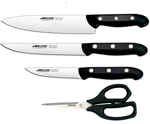 Arcos Serie Maitre - Juego Cuchillo de cocina 4 piezas, (3 cuchillos + 1 tijeras) Hoja de Acero Inoxidable NITRUM 80 mm, Mango Polipropileno Negro