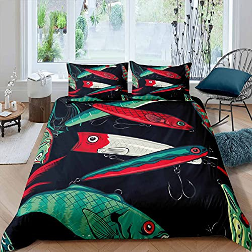 Loussiesd - Set di biancheria da letto per bambini, ragazze e ragazzi, motivo pesca, con piumone, decorazione moderna, 3 pezzi, con cerniera