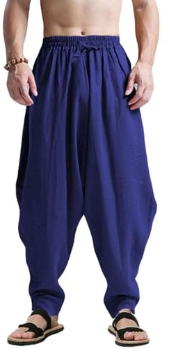 AITFINEISM Men's Drawstring Casual Hippie Harem Pants Loose Drop Crotch Trousers (XL,Blue 2)