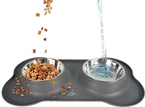 Ligo - Ciotole per Cani e Gatti di Piccola, Media e Grande Taglia, Ciotola Doppia in Acciaio Inossidabile Antiscivolo e Anti Goccia, Ciotola Cane con Tappetino in Silicone (M, GRIGIO)