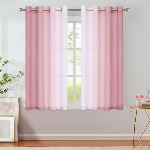 Purainbow Ombre Sheer Curtains Pink 54 Inches Length for Bedroom Living Room, Chiffon Crinkle Semi Sheer Short Curtain Panels Light Filtering Not See Through for Laundry Room, Grommet Top, 52 W
