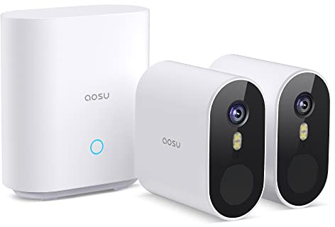 aosu 3K Caméra Surveillance WiFi Extérieure sans Fil, 5MP Kit 2 Cam & aosuBase, sans Abonnement, Autonomie Jusqu’à 240 Jours, 166° Grand Angle, Al Détection, Vision Nocturne Coule 5G/2.4G Wi-FI