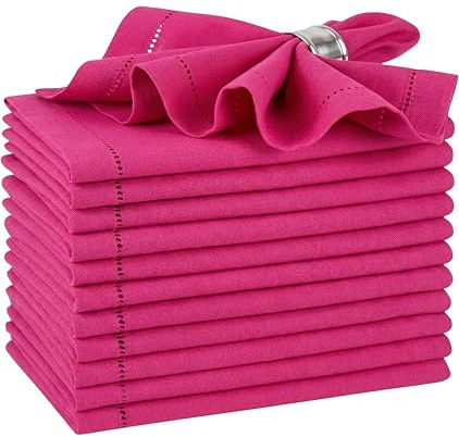 Palisa Hot Pink Cotton Napkins Set of 12 | Premium Hemstitch Detailing Cloth Dinner Napkins 18x18 Inch | Soft Washable & Reusable Table Napkins for Everyday Use Weddings Parties Restaurants & Hotels