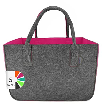 IDEA HOME Filztasche Valencia Shopper Groß-30 Liter Einkaufstasche XXL Zusammenklappbar Einkaufskorb Kaminholztasche Kleiderkorb Spielzeugtasche Dunkelgrau/Himbeerfarbe