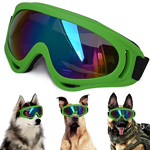 Große Hundesonnenbrille mit verstellbarem Riemen, UV-Schutz, winddichte Welpenbrille, geeignet für mittelgroße und große Haustiere, Augenschutz, weiche Brille (grüner Rahmen)