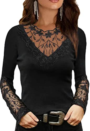 Onsoyours Femme Hauts Mode Col en V Blouse Dentelle Manches Longues T-Shirts Couleur Unie Basique Shirt Élégant Tops Lâche Mousseline Chemise Noir 01 L