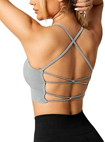 ZAAYO Damen Gym BH Gepolstert Crossback Fitness Sport Bra Abnehmbarer Brustpolster Yoga Tops Gestrickte Nahtlose Sportbekleidung Hellgrau Medium