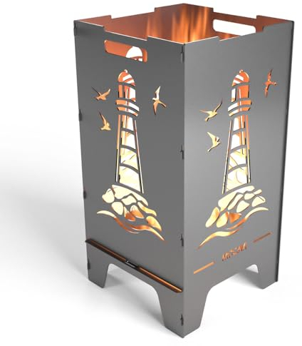 MOCAVI Feuertonne Leuchtturm 73 cm | 3 mm Stahl Feuerschale Feuerkorb massiv robust sicher Design-Brenntonne für Garten und Terrasse groß eckig hohe Feuerstelle Outdoor hitzefest Feuersäule Feuerfass