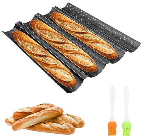 MXTIMWAN Teglia per Baguette, Stampo per Baguette, Teglia per il pane, Stampo per Pane Francese Con Rivestimento Antiaderente, Tampo per Baguette a 4 Griglie, Piastra per Pane Traforata