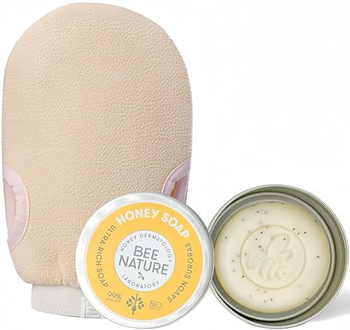 Bee Nature - Peeling Seife mit Seifenschale - Gesicht und Körper + Peeling-Handschuh - 100g