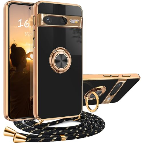 XCYYOO Mobiltelefonkedja Google Pixel 8, fodral med band, Google Pixel 8, mobiltelefonfodral med 360 graders ringstativ, lyxigt, galvaniserat, reptåligt skyddshölje, silikon, stötfångare, stöttåligt