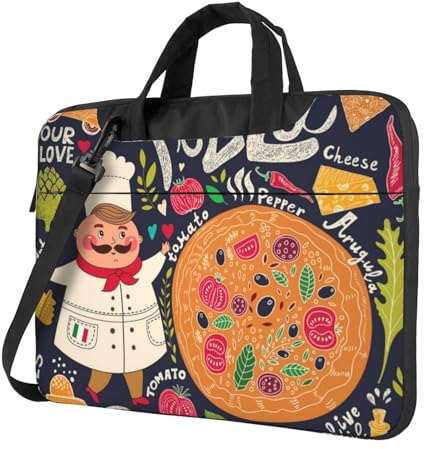 Sac pour ordinateur portable imprimé Chef Pizza 13/14/15,6 pouces, housse ultra fine pour ordinateur portable avec bandoulière, mallette d'ordinateur pour homme et femme, Noir , 15.6 inch