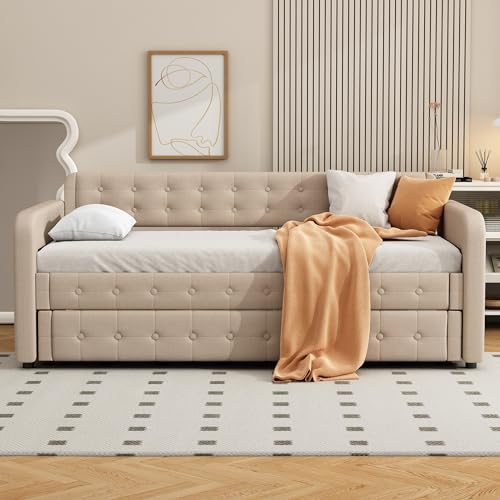 ZYLOYAL10 Sofabett, Tagesbett, Einzel-Tagesbett mit Schubladen, großer Stauraum (Dunkelbeige)