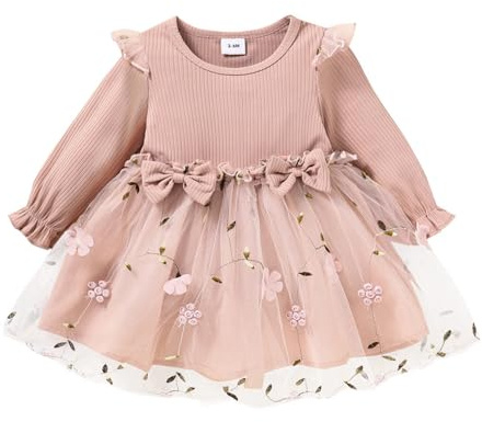 Alunsito Kleinkind Baby Mädchen Prinzessin Kleid Geburtstag Rüschen Langarm Strickoberteil Splice Mesh Tüll Kleider Herbst Outfits Lang Blumen Rosa 3–6 Monate
