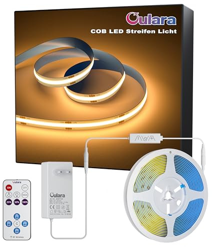 OULARA LED Streifen Warmweiss 2700K 6M Dimmbar 24V COB LED Strip lights Set mit RF Fernbedienung und Netzteil,CRI90+ Hell Unterbauleuchte Flexibel led band für Home DIY Dekoration,Timerfunktion