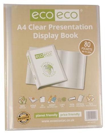eco-eco eco151 Präsentationsbuch, A4-Format, 50% recycelt, 80 Taschen, transparent, Aufbewahrungsbox, Portfolio, Kunstmappe mit Kunststoffhüllen, transparent