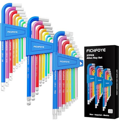 FICHFOYE Juego de 27 llaves Allen, codificadas por colores, métricas y SAE, llaves hexagonales extralargas de bola y extremo de estrella para bicicleta, proyectos de bricolaje domésticos