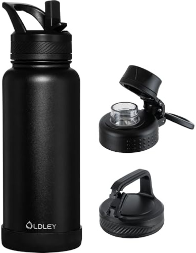 OLDLEY Botella de agua aislada de 32 onzas con popote, botella de agua deportiva de acero inoxidable con 3 tapas (pajilla, boquilla y tapa de asa), taza térmica de viaje de doble pared, color negro