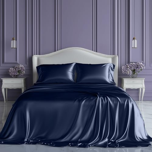 SLEEP SANCTUARY Satin Sheets Queen Size – 4 Piece Luxury Silky Bed Set, Softer Than Silk, 15 Deep Pocket, Cooling & Wrinkle-Free, Moisture-Wicking & Breathable for Hair & Skin (Navy Blue)