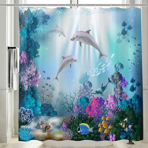 Vgzsyomqib Delphin Meer Duschvorhang 180x200 Lang Anti Schimmel Wasserdicht für Badewanne Stoff Shower Curtains 3D Delfin Fische Blau Unterwasserwelt Motiv Duschvorhänge Waschbar Textil