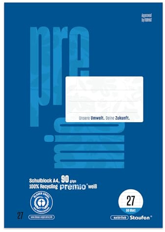 Staufen premio Schulblock - 5 Hefte je 50 Blatt, DIN A4, Lineatur 27 (9 mm liniert), 4-fach Lochung, 90 g/m² Recyclingpapier | Lineatur 27, 100% Recyclingpapier, zertifiziert mit dem Blauen Engel, abgerundete Ecken, 90 g/m² Papier