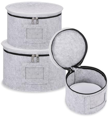 LuLobtg 3Pcs China Storage Container with Lid 7.1/8.5/10inch Felt Plate Dish Holder with 36 Divider Camping Dinnerware Organiser Dustproof Picnic Glassware Bag for Moving Transporting (3 Pcs)