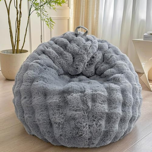 LIFEREVO Kids Fluffy Faux Rabbit Fur Bean Bag Chair Cover, No Filler, Grey