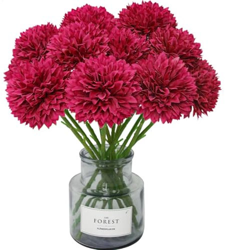 Tinsow Künstliche Chrysanthemen, Kunstblumen, leuchtend rote Kugelblumen, Burgunderrot, Herbst für Weihnachten, Herbst, Bauernhaus, Heimdekoration (12, Hellrot), 12 Stück