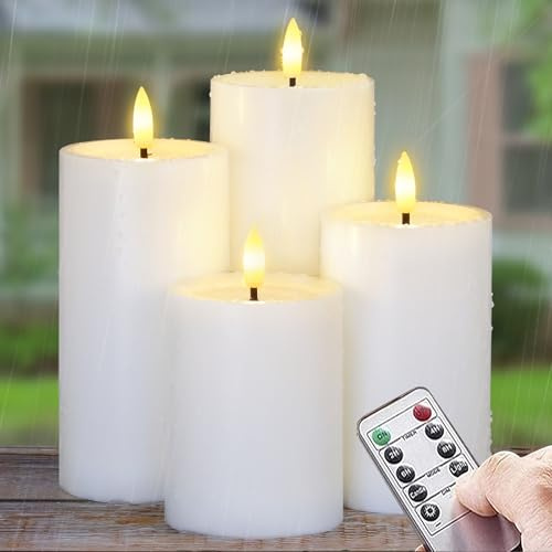 Yeelida Außen-Packung mit 4 flammenlosen wasserdichten LED-Kerzen mit Fernbedienung, Zyklus- Timerfunktion Batteriebetriebener Wachs-Öl Flackernde Kunststoff (Weiß, 7,5cm x10 12,5 15 17,5cm)