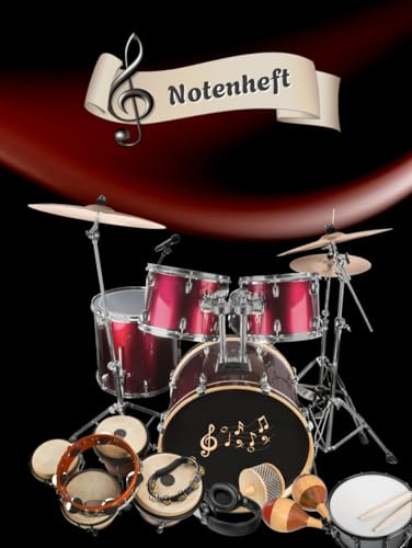 Notenheft Schlagzeug DIN A4 Notenbuch Xylophon Musikunterricht Trommeln Notenlinienheft Große Lineatur Glockenspiel Maracas Glocken Triangel Zimbel ... Notensysteme Rasseln Musiker Gongs 02B10