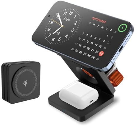 Kitbox 3 in 1 Wireless Charging Station 15W Magnetic Charger for iPhone Foldable Charger Stand for Apple Watch 11/10/9/8/7/6/SE/5/4/3/Ultra Airpods pro,Wireless Docking Station Black