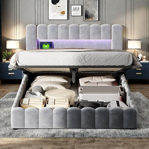 SHAODENG Boxspringbett 180x200 Polsterbett Doppelbett mit Bettkasten, Bettgestell mit Stauraum und Lattenrost, Hydraulisches Stauraumbett Funktionsbett,Gepolstertes Bett ohne Matratze (Grau A)