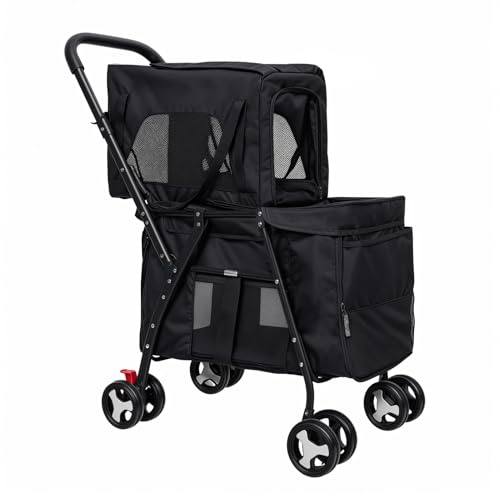 reukmuuc Poussette à double étage pour plusieurs animaux de compagnie, chariot de transport pour 1 à 2 chiens de taille moyenne, poussette pliable avec roues rotatives à 360°, idéale pour les voyages