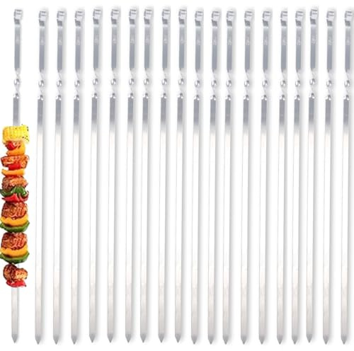 ZMC 20 brochetas para barbacoa de 55 cm de acero inoxidable, brochetas de kebab, brochetas para shish kebab y brochetas de carne, pinchos largos y inoxidables para barbacoa, bandeja de barbacoa y