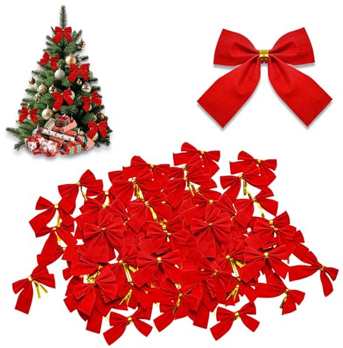 DAQUN 48 Pcs Red Christmas Bows for Tree, Red Tree Bows - Velvet Xmas Bow Ornaments for DIY Garland, Wreath & Holiday Decorations (Small Festive Bow)