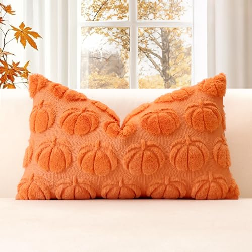 JOTOM 1 Stück Kürbis Kissenbezug, Plüsch Kurze Wolle Dekorativ Zierkissenbezüge Herbst Boho Kissenhüllen Sofakissen Moderne Kissenbezüge Herbstdeko für Wohnzimmer Garten (30x50cm, Orange)