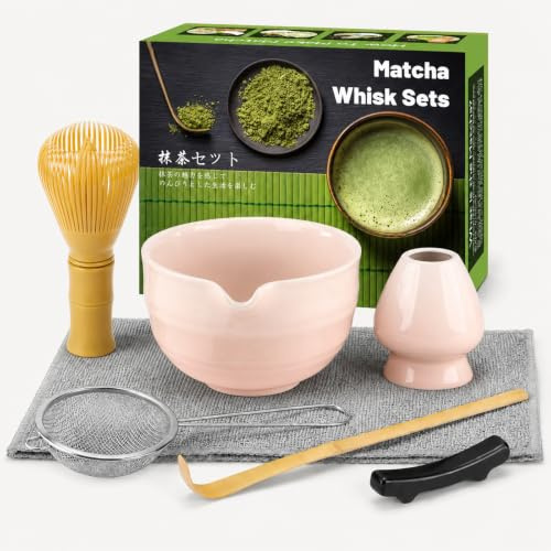 Muexoee 7 Pcs Matcha Set,Matcha Tea for Making Breakfast/Latte,Whisk Set and Bowl with All Accessories，Authentic Tea Ceremony，Gradient Pink Bowl, Stirrer Yellow