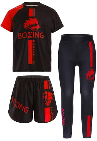 Eandarui Tuta sportiva per bambini, a maniche corte, con pantaloncini da boxe Muay Thai Kick + pantaloni Wush, pantaloni da allenamento, attrezzatura da combattimento, uniforme, colore rosso 134-140