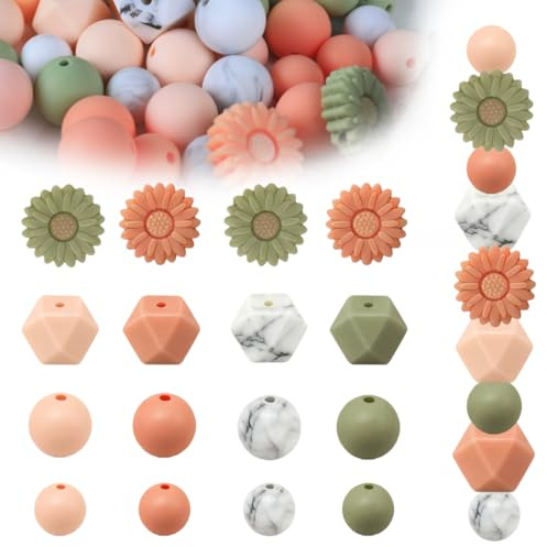 Marsred Silikonperlen，52pcs Silikon Perlen Bulk, 15mm Blumenförmige Bastelperlen für Heimwerker Schlüsselanhänger, Schmuckherstellung, Halsketten, Armbänder, Stifte,DIY