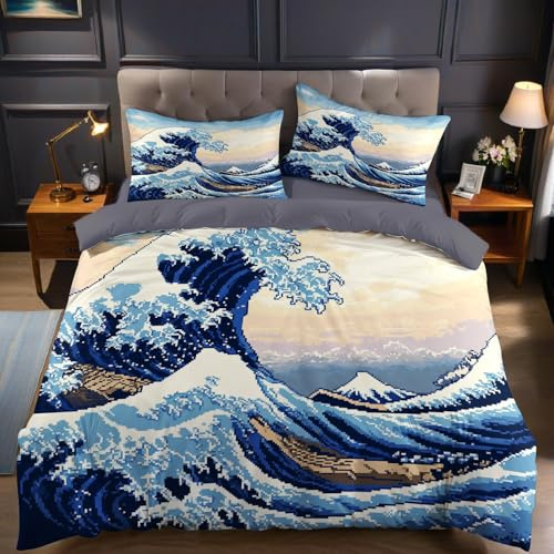 Estilo de Juego Funda nórdica Cama 90 Infantil Ola Japonesa Funda edredón 150x200 cm Microfibra Suave y Transpirable Juego de Ropa de Cama Ideal para niños niñas y Adolescentes