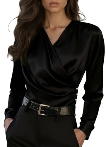 Blusa Mujer Elegante Fiesta de Satén Blusas Elegantes Raso Color Sólido Camisa Manga Larga Versátiles Oficina Top Talla Grande Boda Camiseta Cuello en V Chic Tops Suelto Seda Básico Casual