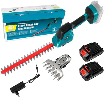 2-in-1-Grasschere Akku und Heckenschere mit 2X 2000mAh Akkus und Ladegerät, 150mm Grasscherenmesser, 310 mm Heckenscherenmesser, Astschere Grasschere für Hof Garten Rasen