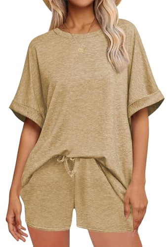 NLAND Mujer Conjunto Chándal 2 Piezas De Pantalones Verano Cortos Con Casual De Camiseta Bolsillos Y Cuello Redondo Top
