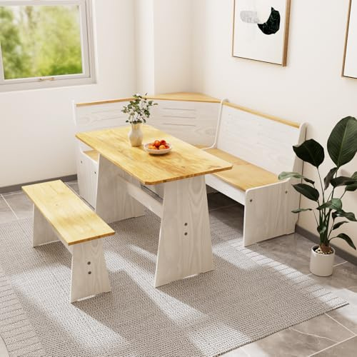 Kitchen Breakfast Nook Table Set - Solid Wood Corner Bench Dining Set for 4-6 People, L Shaped Bench for Dinner Room, Space Saving Kitchen Booth Seating with Table for Small Space, White Upgrade