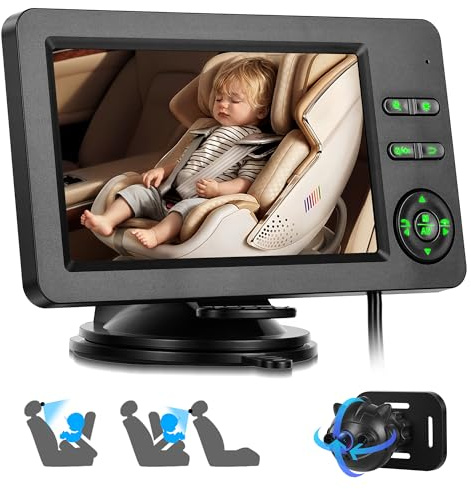 Rimoody Cámara de Coche para Bebé, Espejo de Coche para Bebés para el Asiento Trasero con 4,3 Pulgadas IPS Monitor, Visión Nocturna IR, Manos Libres y Música Bluetooth, Iluminación de Siete Colores