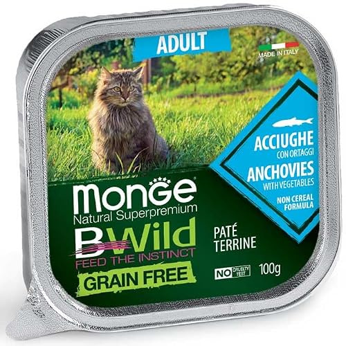 Monge BWild Grain Free Paté Terrine per Gatti Adulti, Acciughe con Ortaggi, 12 Vaschette da 100 g