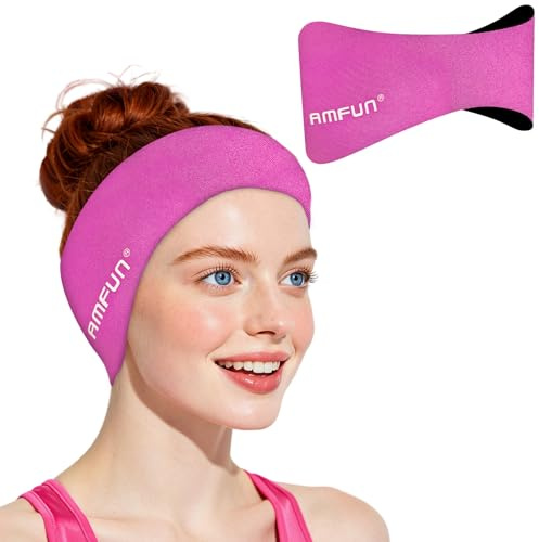AMFUN Swimming Headband for Kids Adults, Adjustable Neoprene Ear Cover, Waterproof Keep Dry Hold Earplugs, Comfortable Headband for Swimming Surfing Kayaking, M,Rose Red