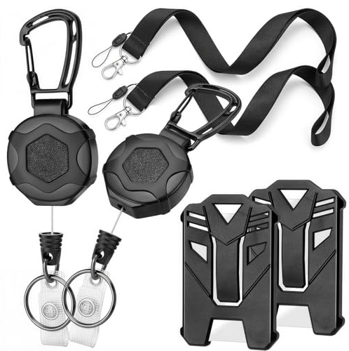 2 Llavero Retractil + 2 Fundas para Documentos + 2 Cordones para Llaves, Llavero Extensible Retractil con 80cm Cable de Acero Retráctil, porta Tarjetas Identificativas para ID Card, Oficina & Colegio