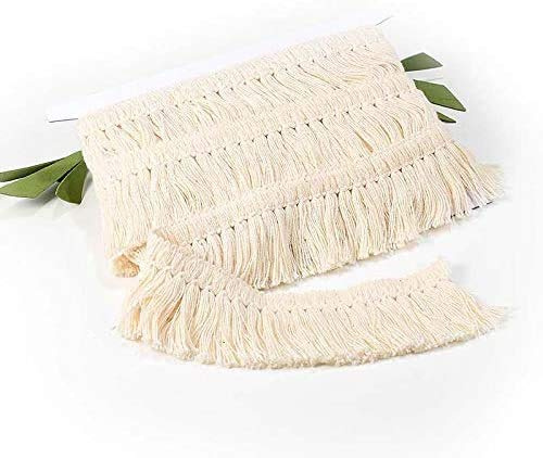 VU100 Borla de algodón con flecos de 4 cm, ribete de encaje por 5,5 metros, para coser bordes, cortinas, mantas, colgar alfombras, ropa, decoración del hogar (beige)